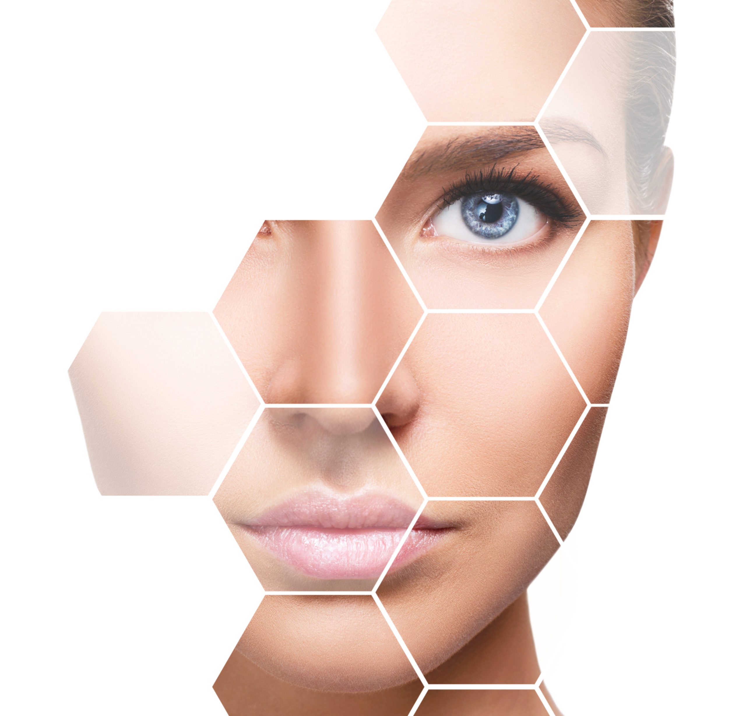 Beautiful female face in honeycombs. Spa and face lifting concept. Isolated on white.